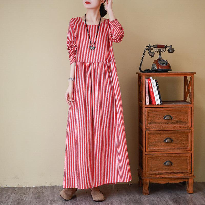 Spring Floral Vacation Style Travel Round Neck Retro Long Skirt with Meat Covering Cotton Linen Dress