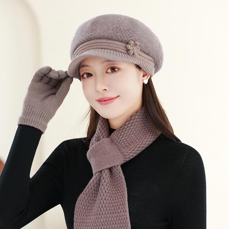 Hat Women's Autumn and Winter Knitted Hat Warm Beret Wool Hat Fashion Fleece Thickened Ear Hat Rabbit Fur Hat
