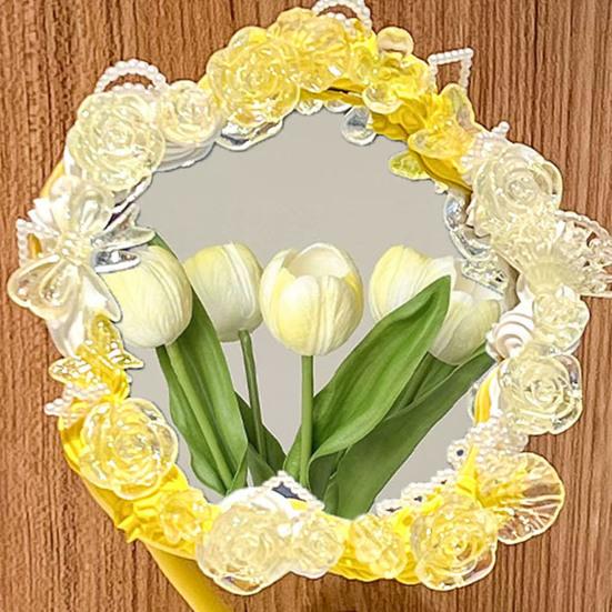 DIY Handmade Flower Desk Mirror with Storage Tray Rotatable Desktop Vanity Mirror Multi-purpose Women Makeup Table Mirror Jewelry Organizer