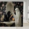 Cute Ghost Kids Shower Curtains,Black Cartoon Cat Happy Halloween Bathroom Curtain For Girls Boys,Rose Flowers Baroque Vintage