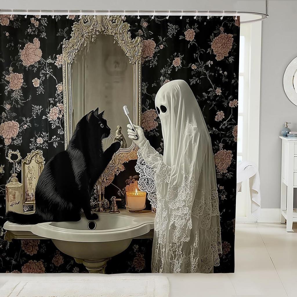 Cute Ghost Kids Shower Curtains,Black Cartoon Cat Happy Halloween Bathroom Curtain For Girls Boys,Rose Flowers Baroque Vintage