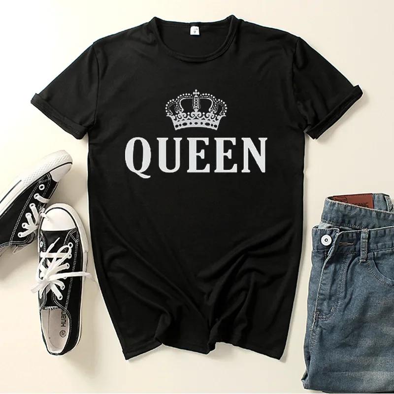 King Queen Crown Print Couple Women T Shirt Lovers Short Sleeve O Neck Tshirt Fashion Woman Man Tee Shirt Tops WoClothing