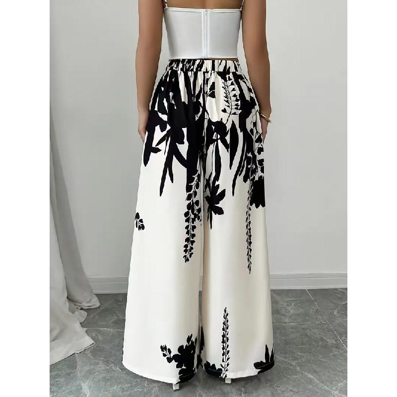 2026 Spring/Summer Women's Fashion Black and White Printed Slimming Casual Wide-Leg Pants