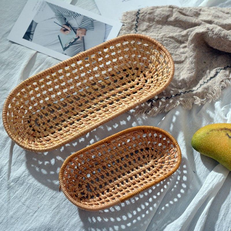 Eco-Friendly Hand-Woven Snack Basket Ins Fruit Snack Bread Collection Basket Home Desktop Decoration Rattan Woven Storage Tray
