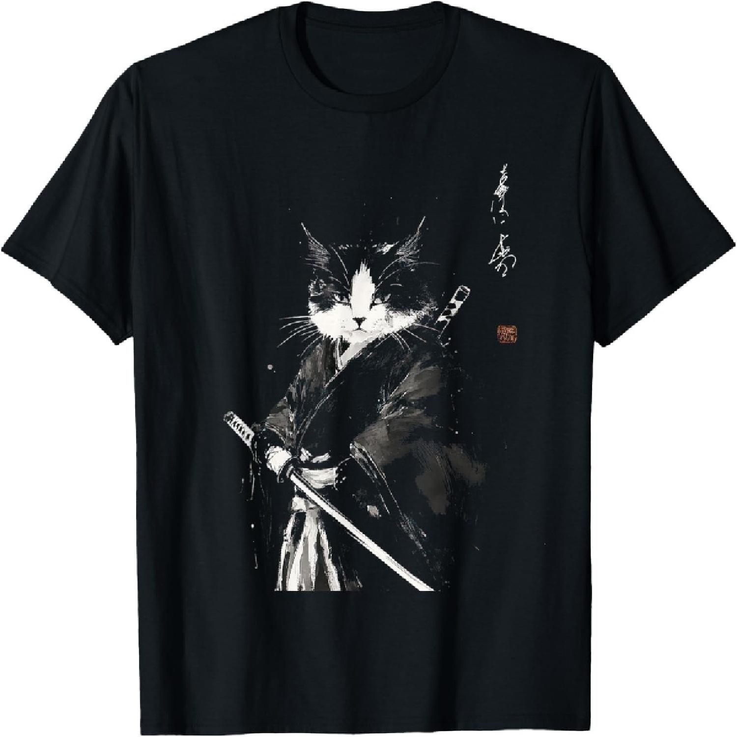 Винтажная футболка с графикой кота-самурая в стиле японской гравюры укиё-э(1) S