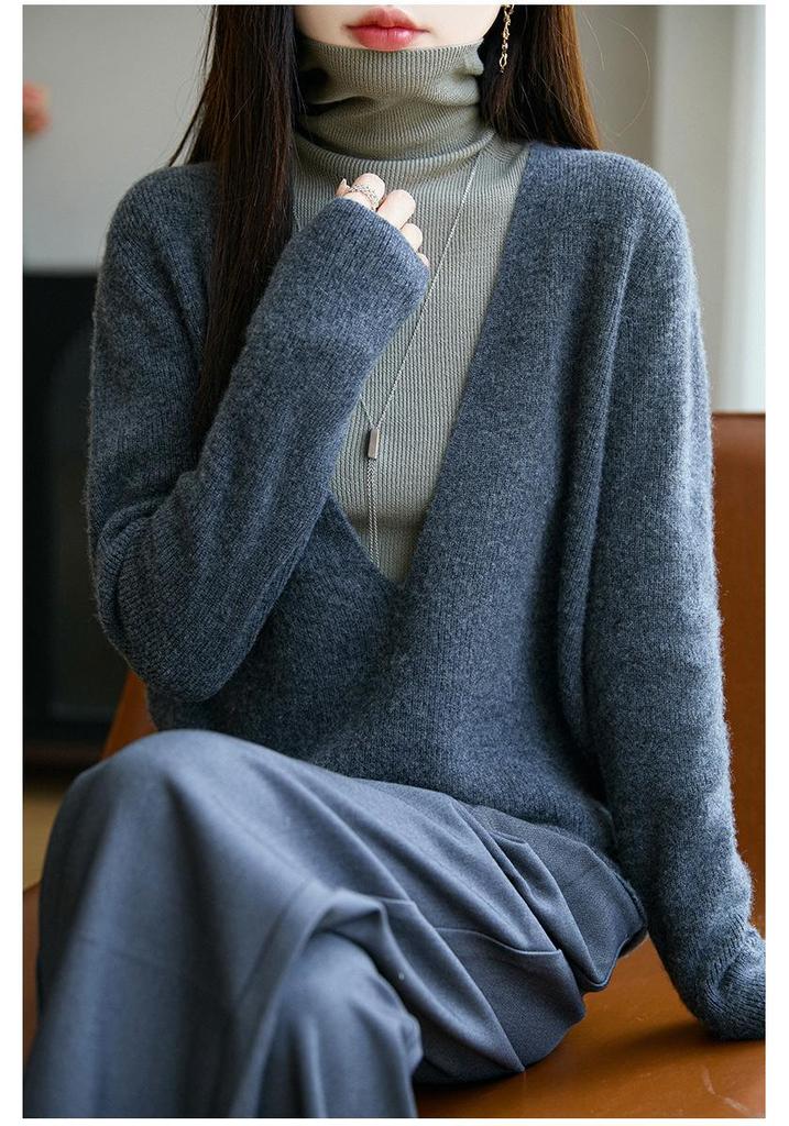 Women's V-Neck Wool Knit Slimming Sweater - Long Sleeve Base Layer