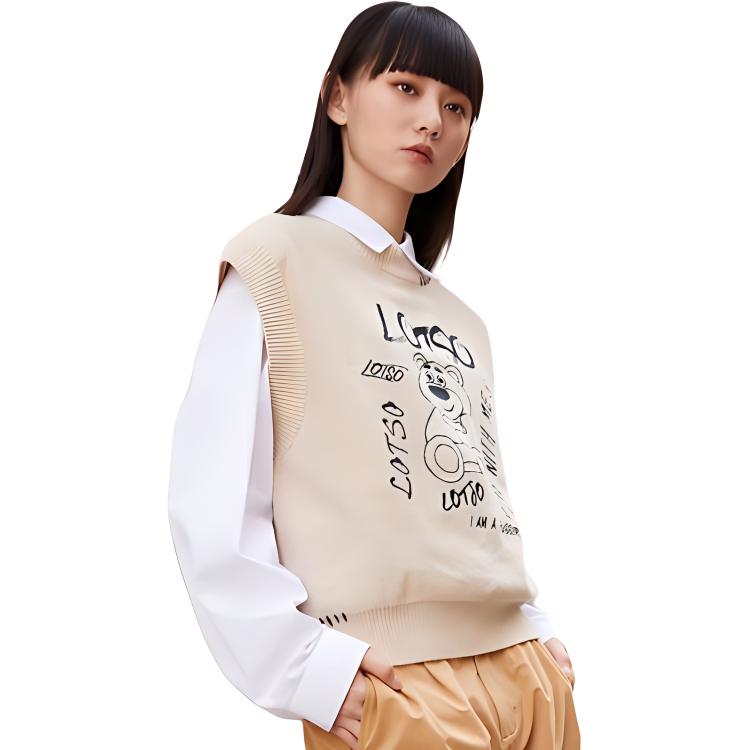 Li Ning X Disney Toy Story Collaboration Strawberry Bear Series Cartoon Pattern Loose Knit Vest Women vest Khaki AMVR008-1