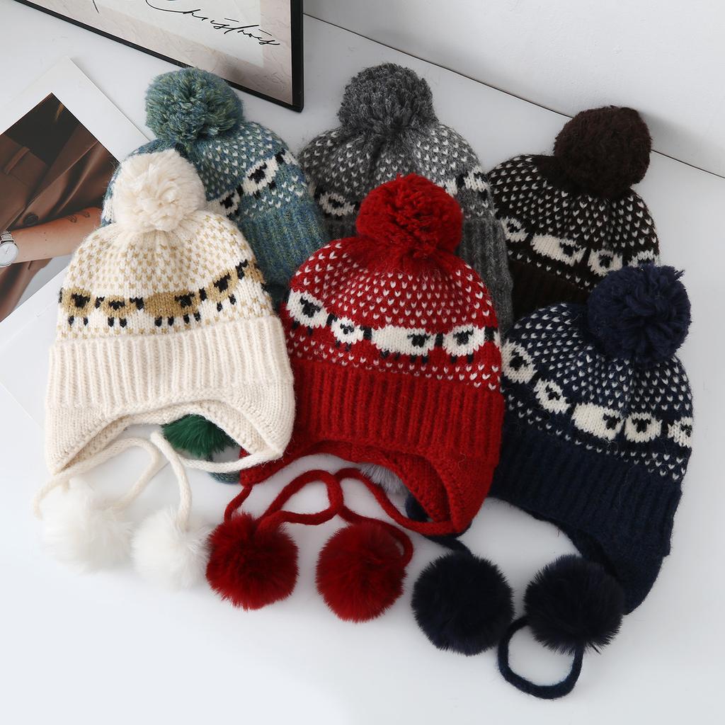 Fair Island Vintage Ski Wool Cap Women's Winter Thickened Warm Ear Protector Hat Northeast Ski Hairball Knitted Hat