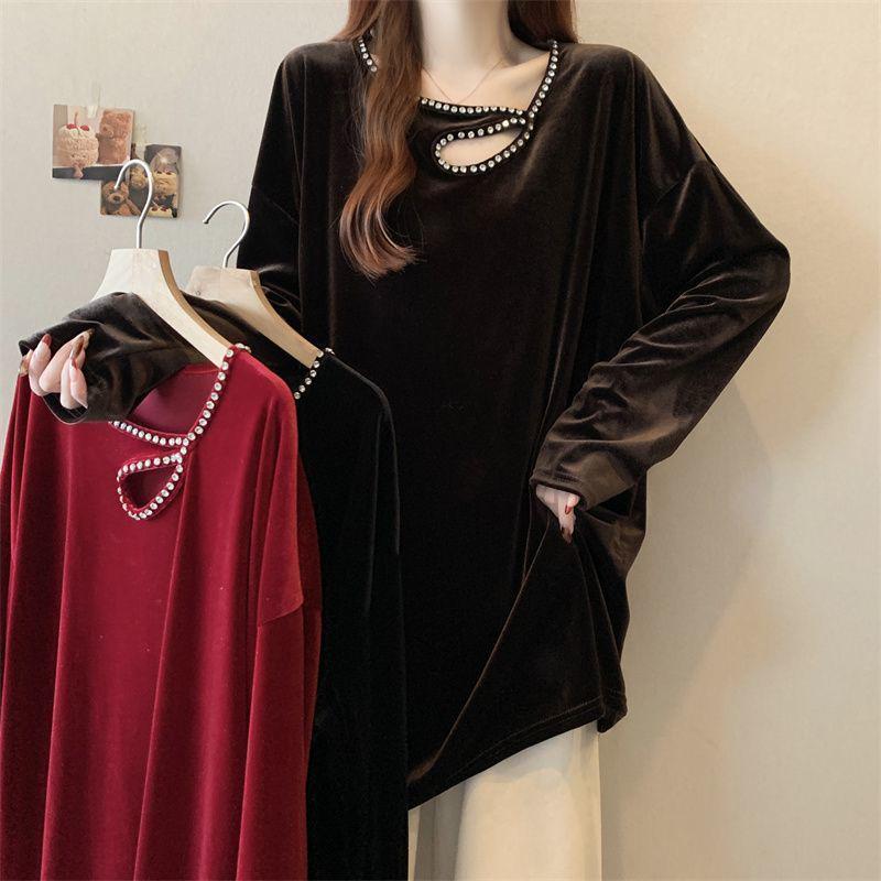 Plus Size Gold Thread Velvet Long Sleeve Top for Women - Slimming, Hot Drill, Trendy Hollow Design, Early Spring 2025.