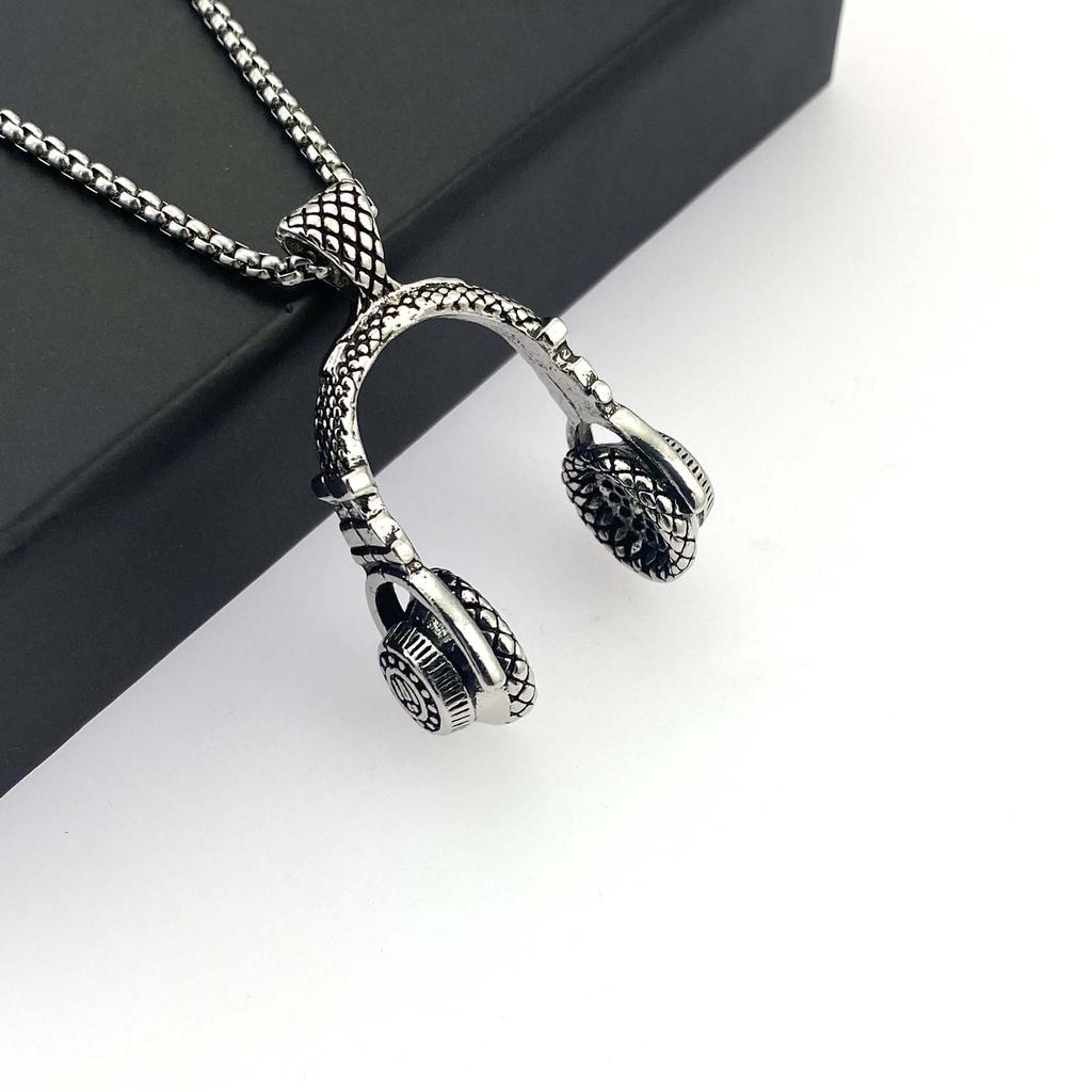 Accessories Music Headphones Pendant Titanium Steel Men, Necklace Fashion Rock Style Sweater Chain