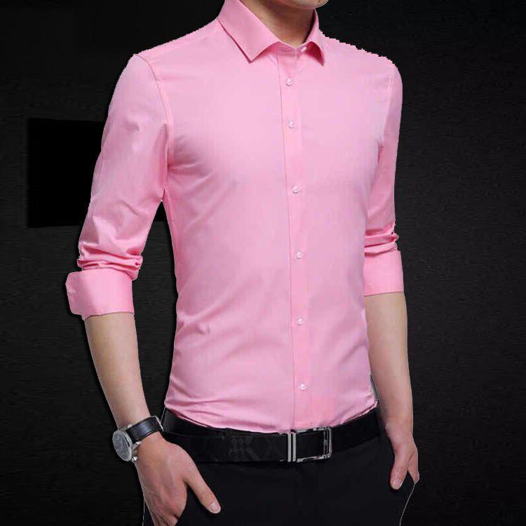 Men's Solid Color Slim Fit Long-Sleeve Shirt - Korean Style, Wrinkle-Free, Trendy Fashion for Spring and Autumn