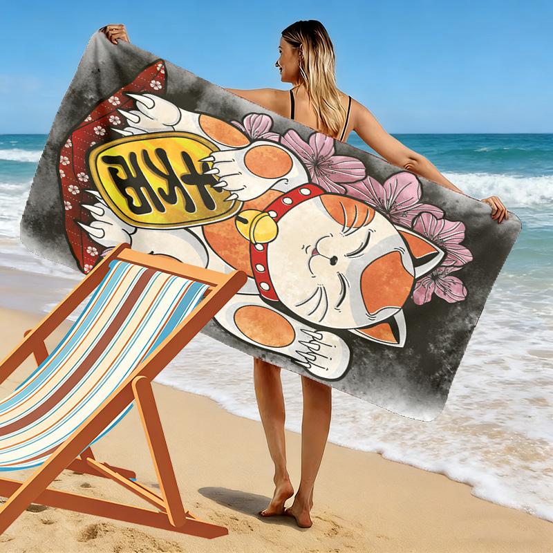 Lucky Cat 2D Flat Print Beach Towel, Large Soft Quick Dry Towel for Beach Camping SwimmingZSTJ0915220