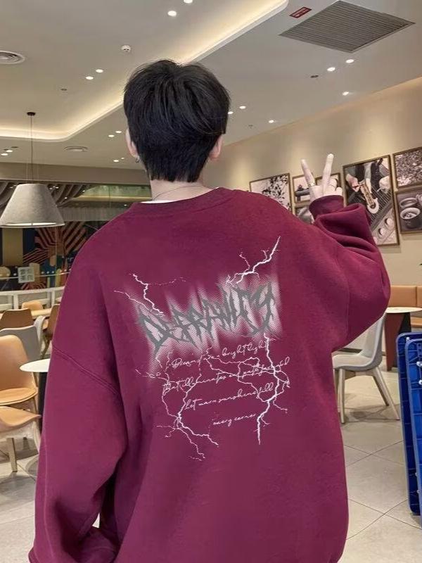 American Trendy Men's Crewneck Hoodie - Autumn/Winter 2025, Plus Velvet, Loose Fit, Long Sleeve, Base Layer