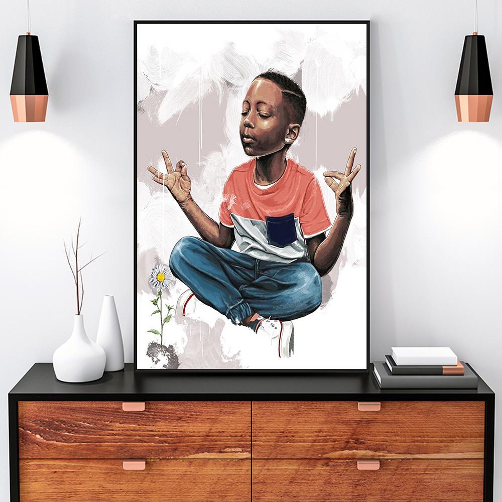 Dope Black Art Posters and Prints Morden Wall Art Canvas Painting Meditation Boy Pictures for Yoga Room Decoration Frameless