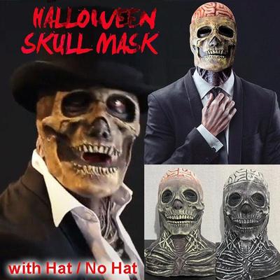 Halloween Full Head Skull Mask Halloween Head Wear A Hat Skull Mask Movable Jaw Creepy Scary Full Head Skeleton Headgear Creepy Biochemical Mask