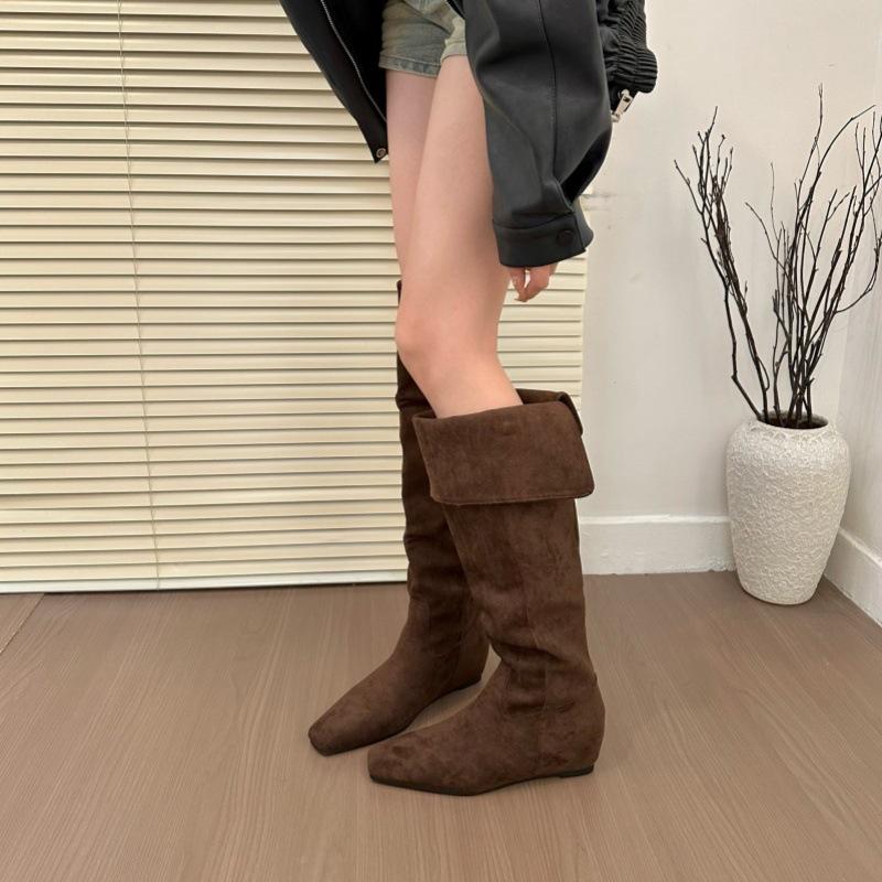 

Korean leg trimmer! Retro suede multi-wear inner heightening pile boots women s autumn and winter new belt buckle knee boots 40 темно-коричневого