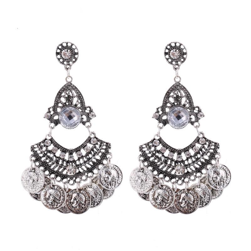 

Fashion Vintage Bohemian Drop Dangle Earrings For Women Zircon Geometric Hollow Coin Tassel Crystal Boho Earrings Bijoux Femme белый