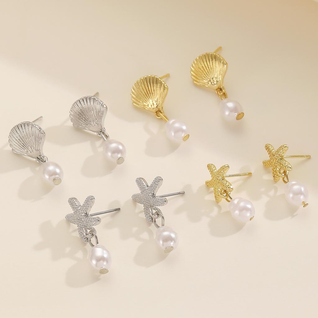 Literary Ocean Style Starfish Stud Earrings For Women Alloy High-Quality Imitation Pearl Drop Beach Jewelry