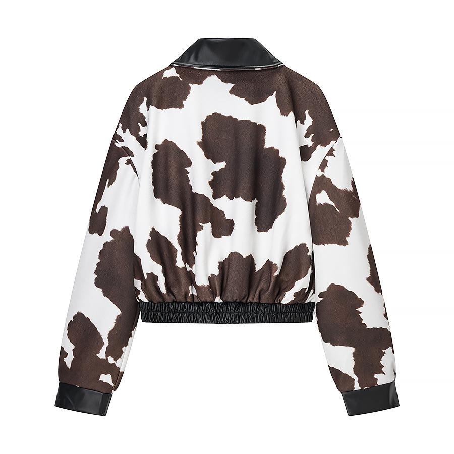 Autumn new women's clothing, European and American fashion cow pattern match PU leather short jacket