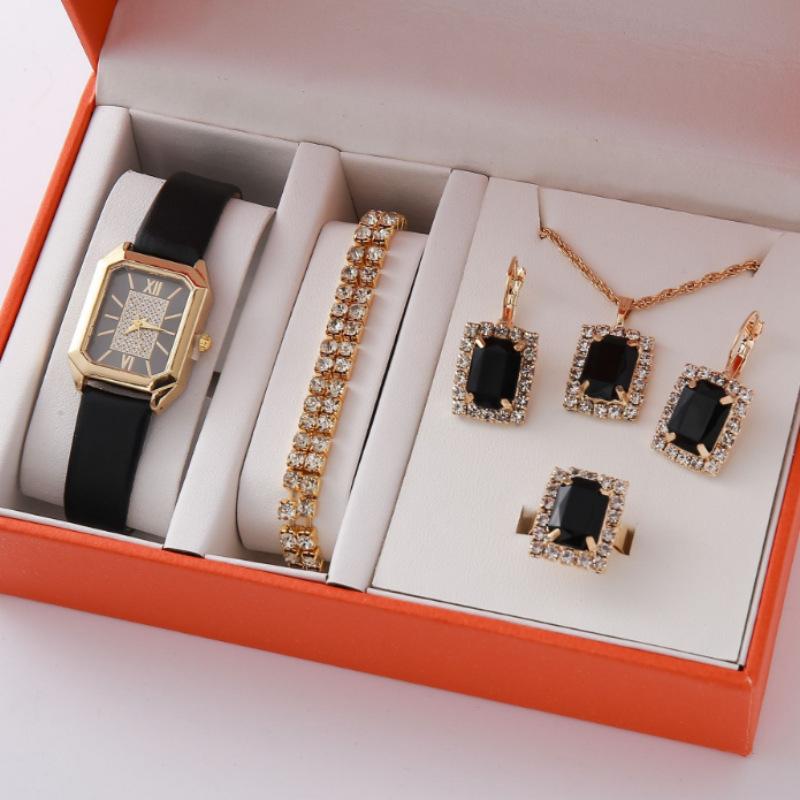 New Casual Fashion Leather Women'S Business Square Quartz Watch Korean Version Of Rhinestone Jewelry Set Watch