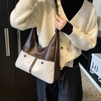 Retro Splicing Plush Large-capacity Bag Women's Autumn and Winter 2025 New Korean Niche Tote Bag Casual Armpit Bag