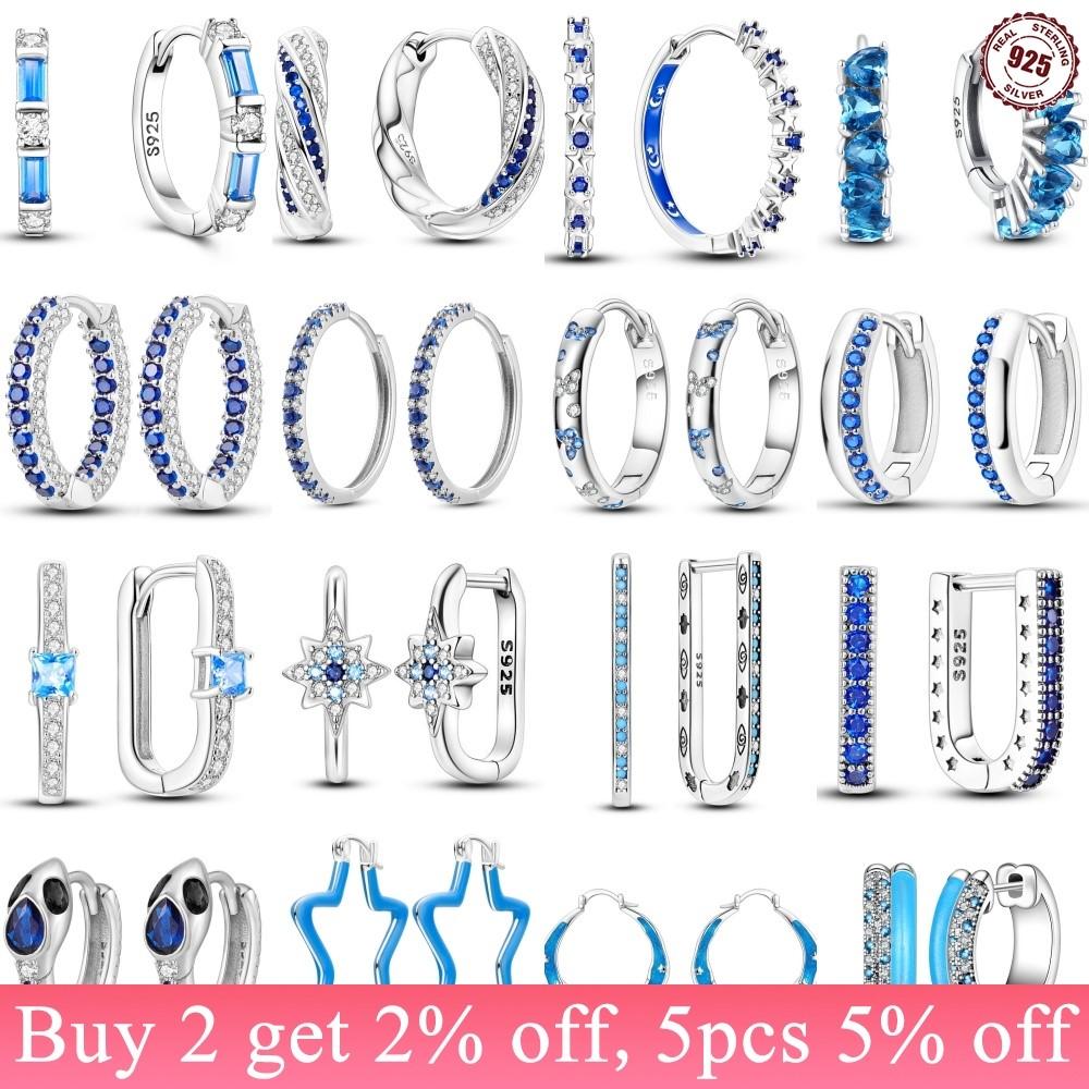 925 Silver Minimalist Blue Hoop Earrings Geometric Zircon Jewelry For Women S925 Gift Fashion Accessories