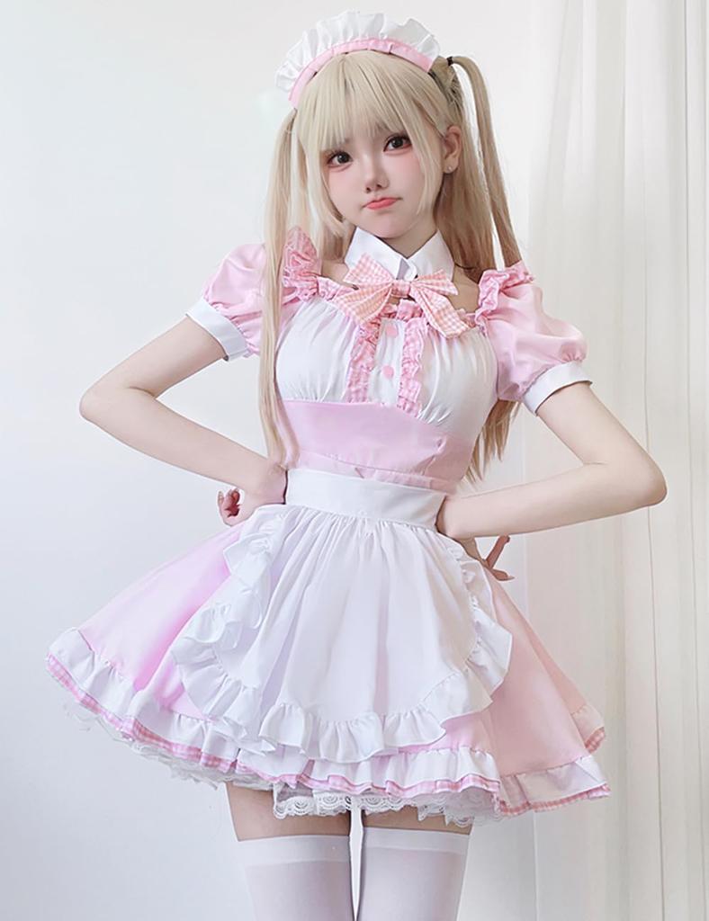 Shangki Manufacturing Gothic Lolita Dienstmädchen Moe Cosplay Short mit ordentlicher und hübscher Kellnerin Rosa Dienstmädchen Übergröße Outfit, Kostüm, Ärmel, Rüschen,