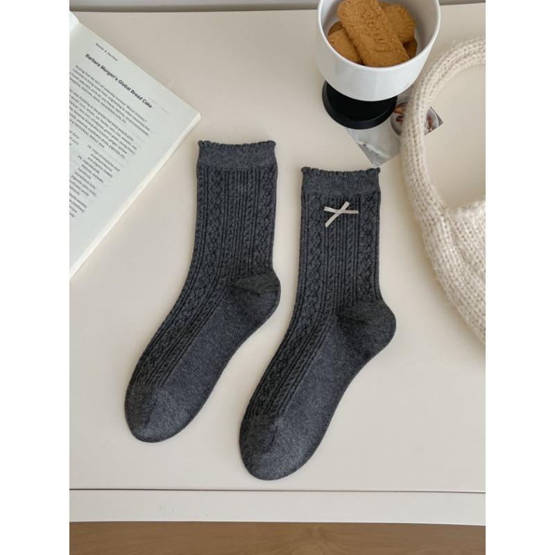 Autumn Socks, Bow Embroidery, Solid Color Lace, Pile Socks, Cotton Mid-calf Socks for Women