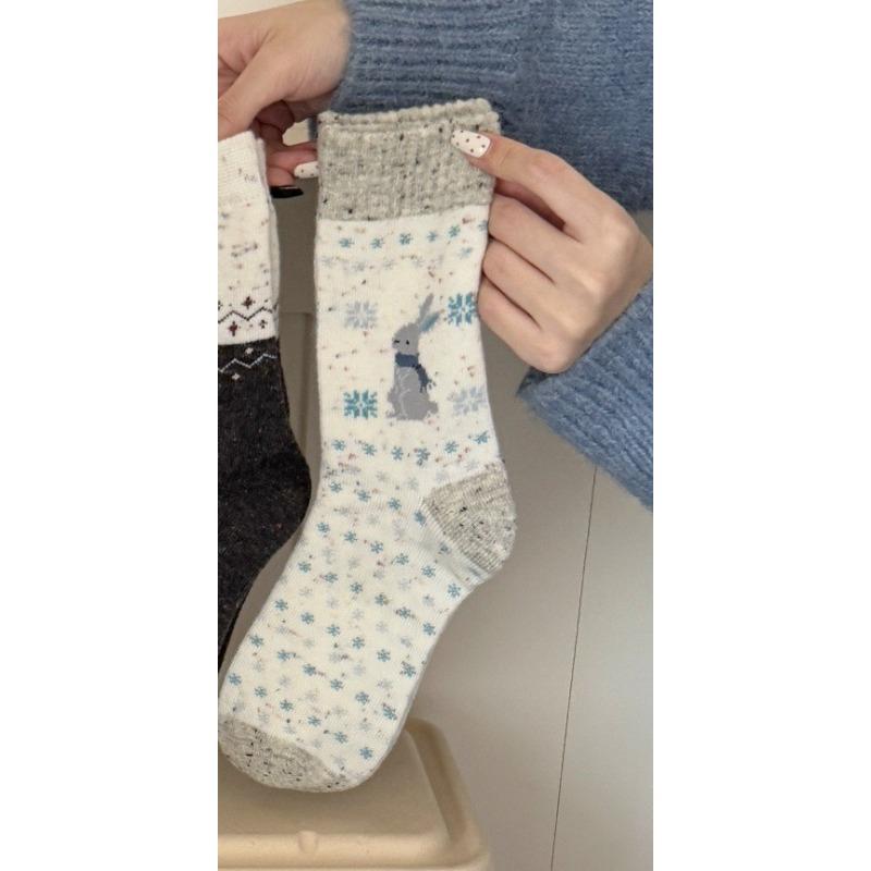 Female Autumn Winter Warm New Year Christmas Elk Color Contrast Wool Tube Pile Socks