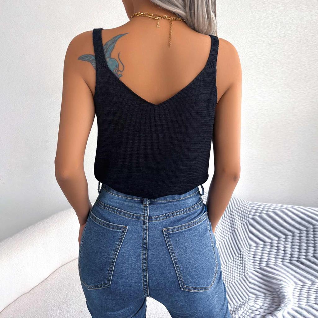 Dámský elegantní a módní design ležérní kovová přezka výstřih do V dutý dovolenkový top