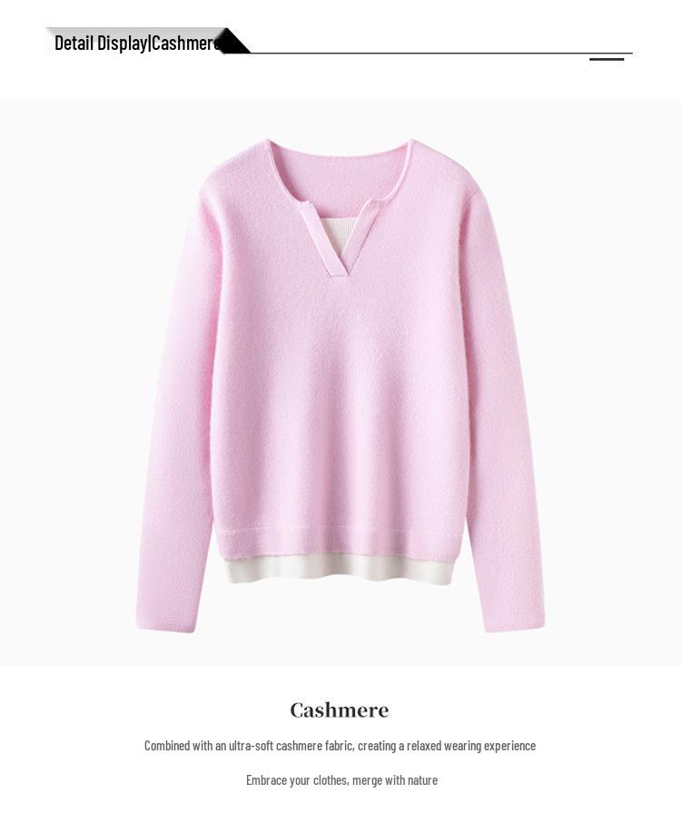 Women's Loose V-Neck Spliced Cashmere Sweater with Contrasting Colors