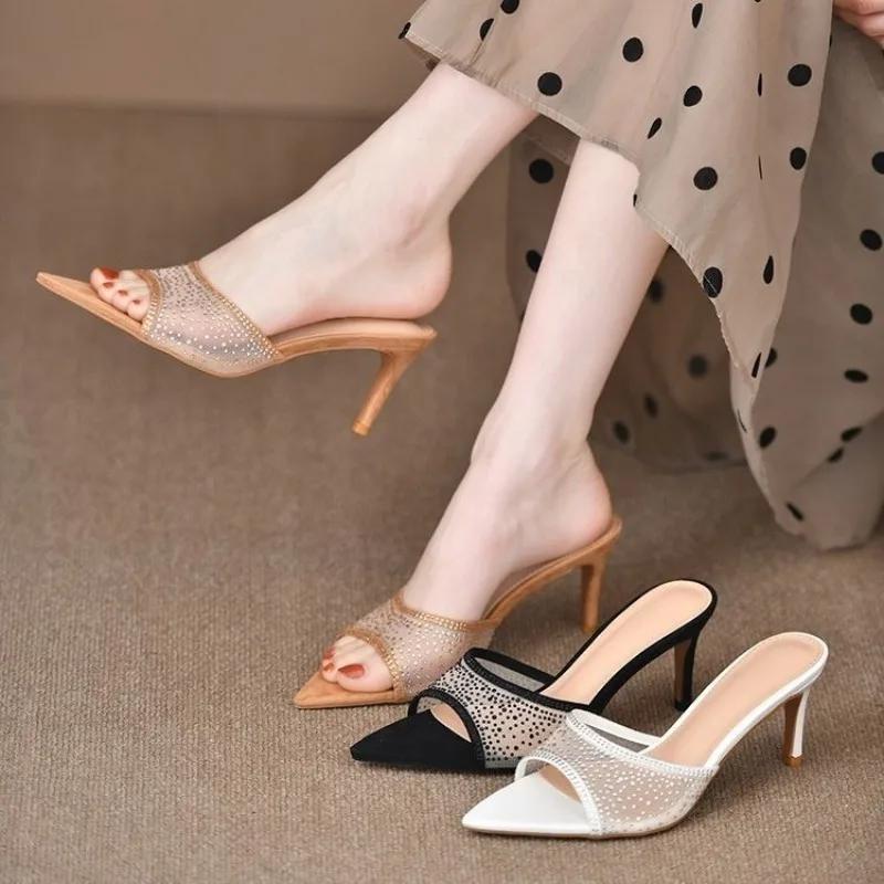 Fashion High Heels Shoes Women Slippers Mesh Sexy High Heels Slippers Women's Pointed Dress Shoes Zapatos De Mujer Shoes Women