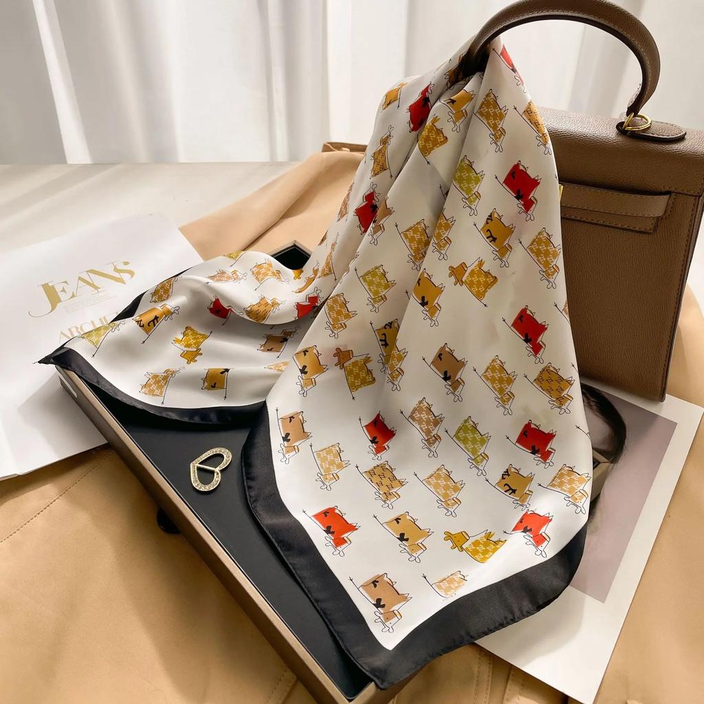Silk Square Scarf Women 100% Real Luxury Brand Horse Print Neckerchief Female Hair Hand Bag Wrist Foualrd Scarves Bandana
