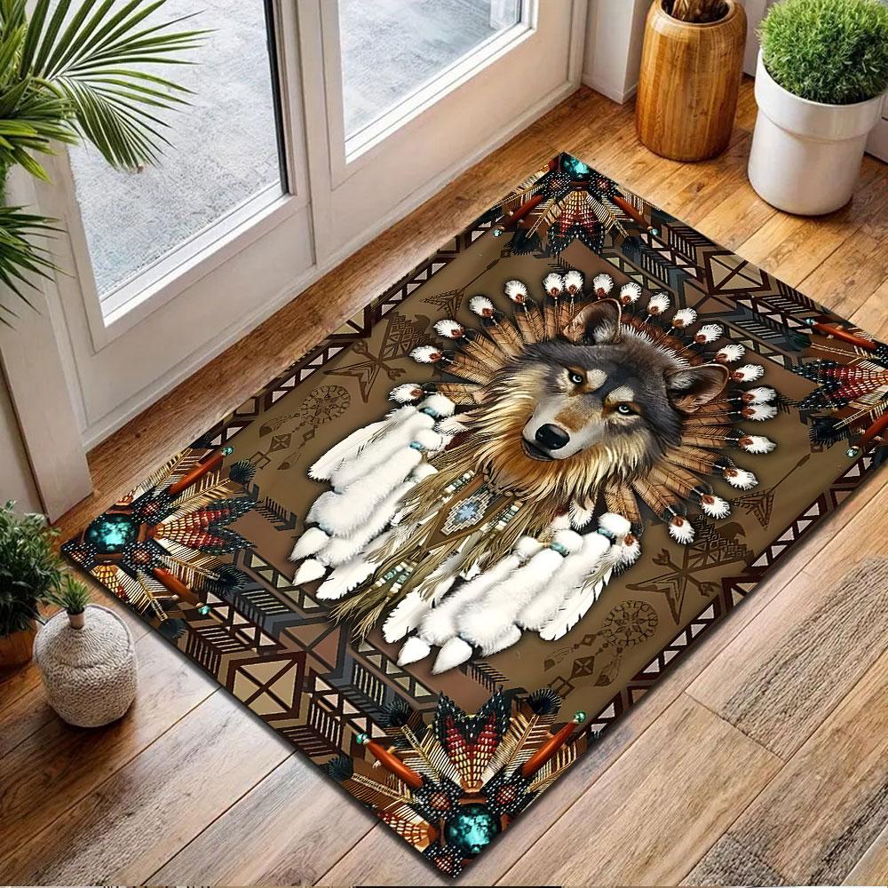 Wolf and Tribal Feather Design Carpet Patterned Carpet, Non Slip Mat Suitable for Living Room and Bedroom Sofas