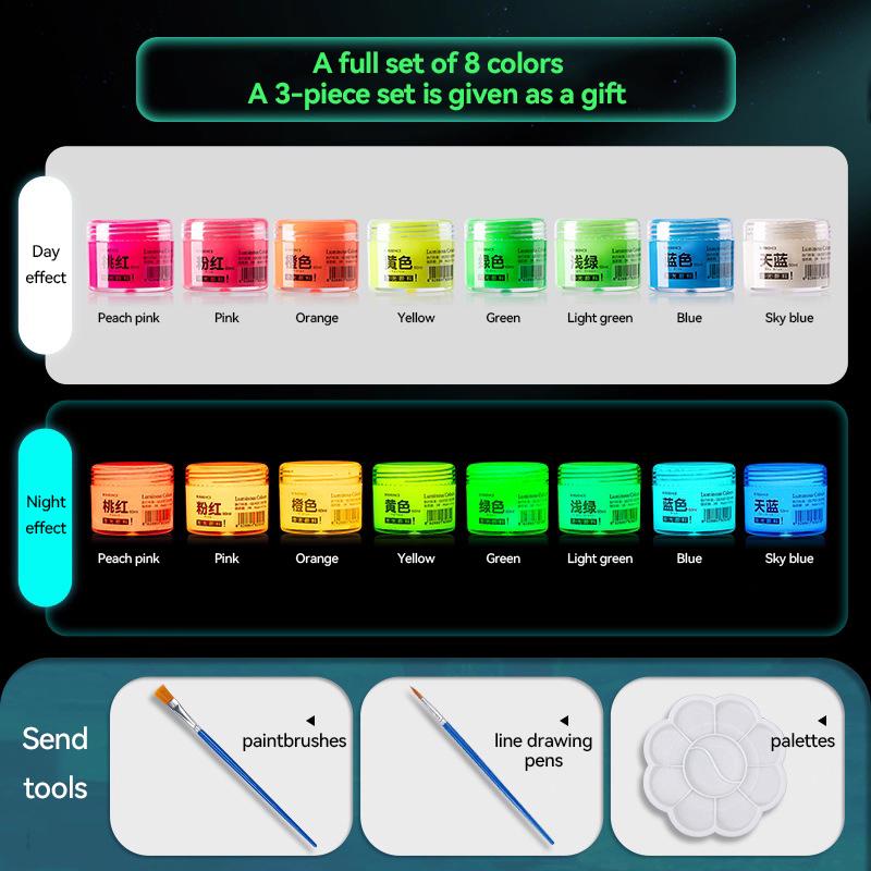 BORRENCE Fluorescent Pigment Luminous Paint 20/60ml 8 Colors Hand-Painted Graffiti DIY Glow-in-the-dark Waterproof Acrylic Paint