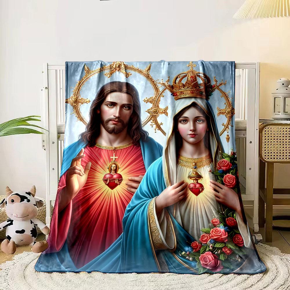 Sacred Heart Jesus Mary Blanket  Printed Blanket for Living Room Bed Couch Lunch Break Soft Cozy Blanket for Friend's Festival Gift