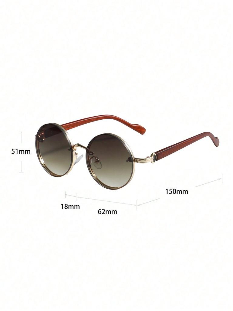 1 Pair of Men's Metal Round Sunglasses with Faux Wood Grain Temples, Fashionable Eyewear