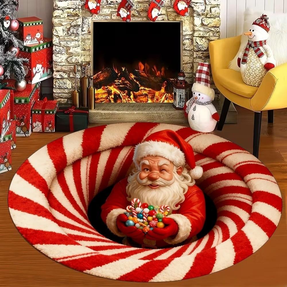 80cm 31.5in 3D Illusion Rug Santa Claus Christmas Doormat Round Vortex Carpet  Kitchen