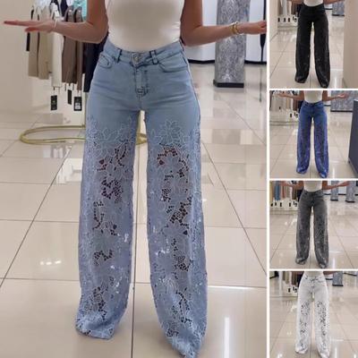 Jeans Femininos Patchwork de Renda Casual Baggy Retos Perna Larga Jeans Denim Cintura Média Florais Vazados