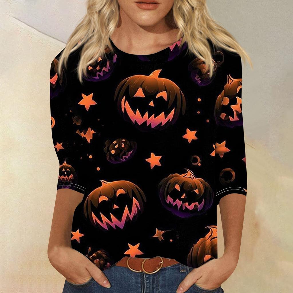 Women's Fashion Casual Round Neck Three-quarter Sleeve Halloween Printed T-shirt Top