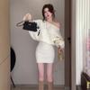White One-word Shoulder Long-sleeved Dress Women's Spring French High-end Hot Diamond Knitted Hip Wrap and Thin Short Skirt