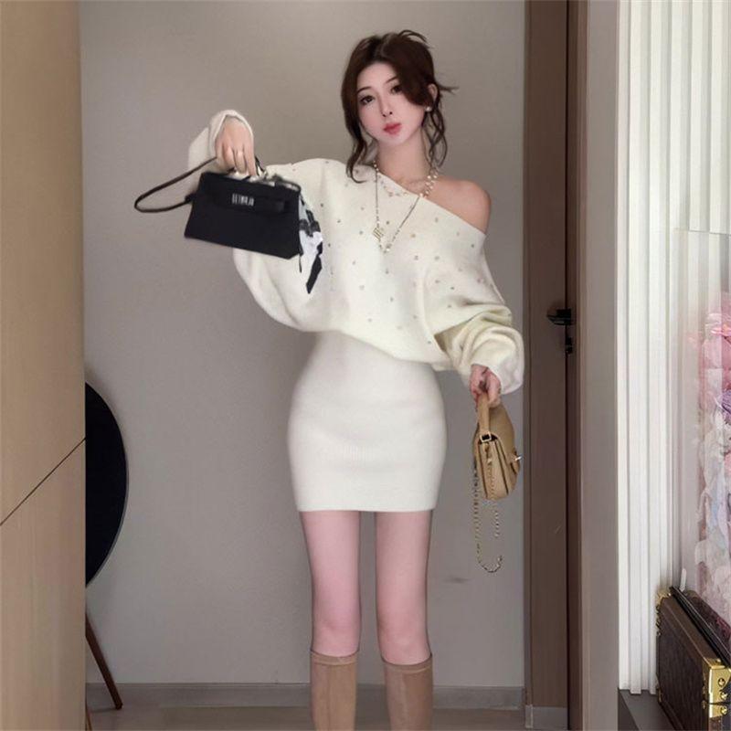 White One-word Shoulder Long-sleeved Dress Women's Spring French High-end Hot Diamond Knitted Hip Wrap and Thin Short Skirt