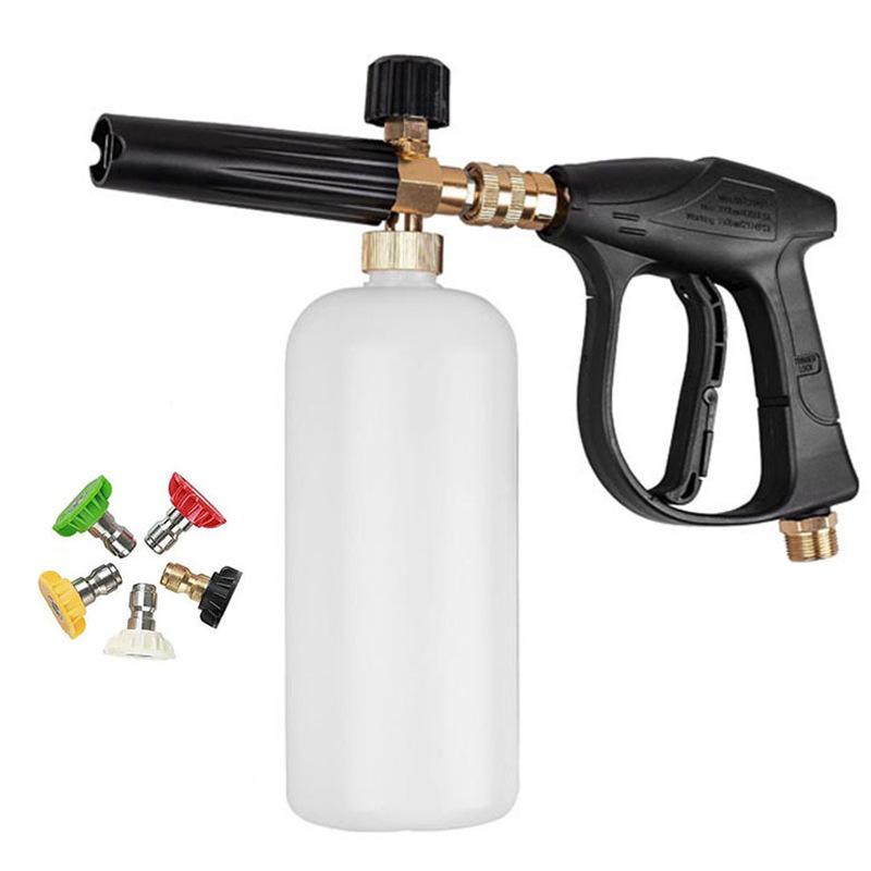 Dual-Function High-Pressure Water Gun with Aluminum Valve and Stainless Steel Nozzle, Foam Pot Attachment, and Five-Color Nozzle Heads