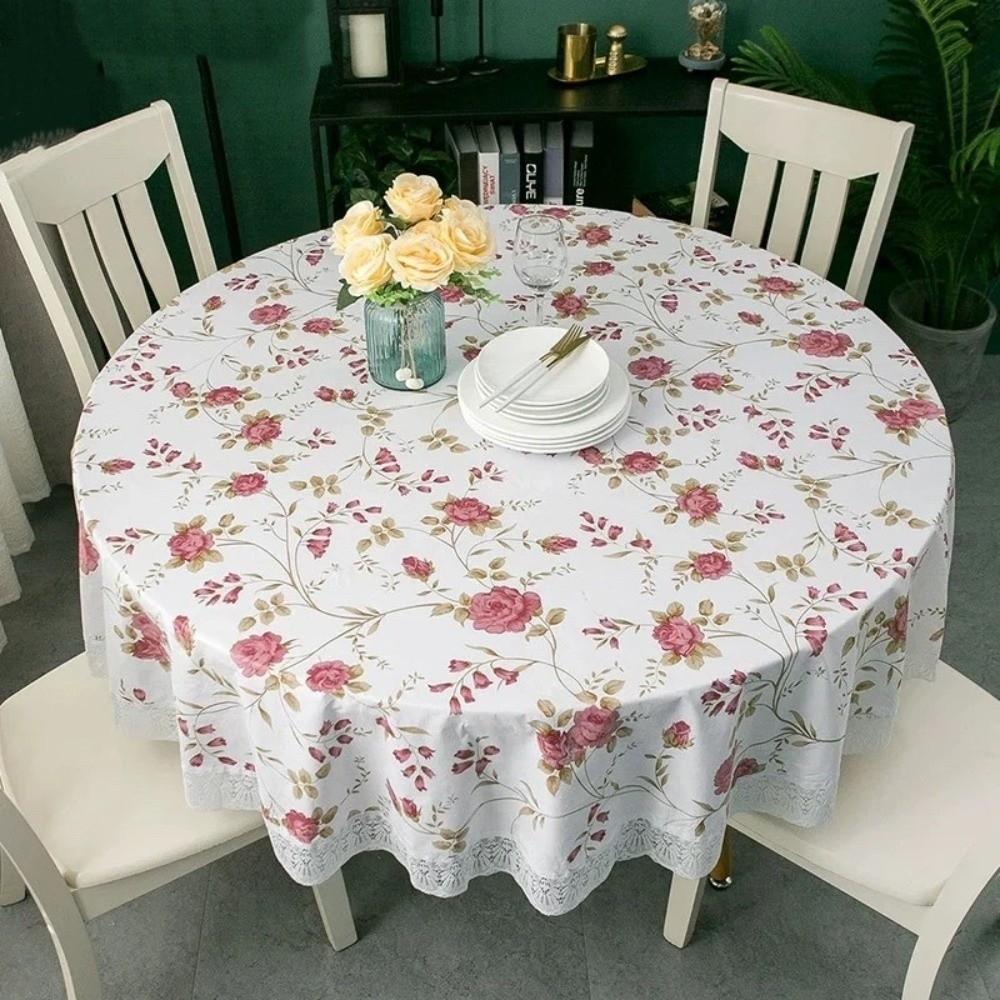 Pastoral Style PVC Tablecloth Printed Design Oil Resistant Waterproof Tablecloth Flower Pattern Lace Hem Round Table Cover