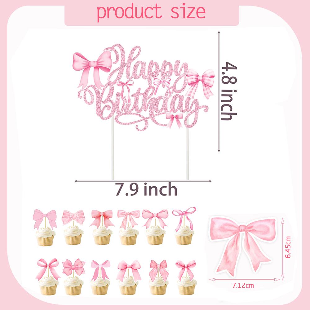 19 Pcs Bow Cake Decoration,Black Pink Blue Bow Birthday Cake Decorations, Ceremonial Birthday Decor,Bow Happy Birthday Cake Top