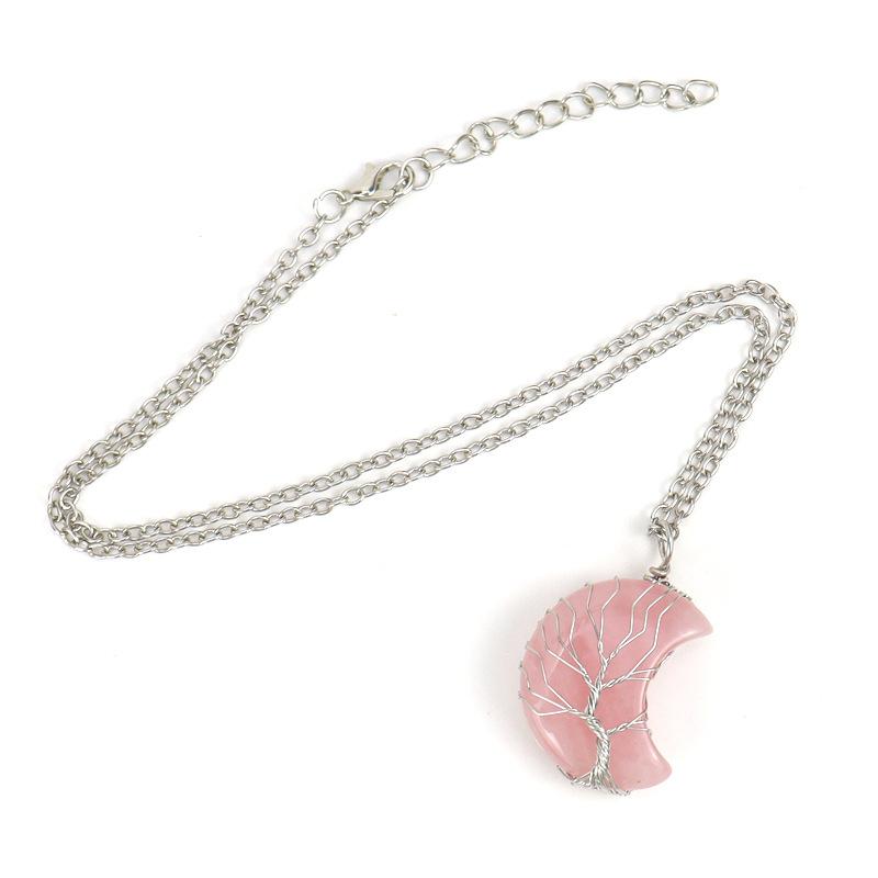 Natural Stone Amethyst Moon Tree Of Life Pendant Necklace, Wound And Wound Handmade Fortune Tree Crystal Necklace N571