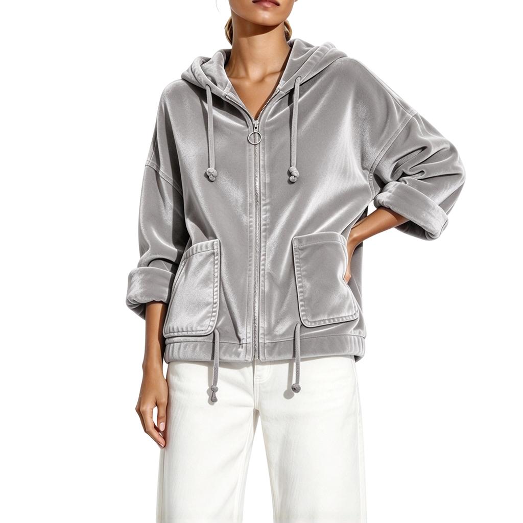 Giacca da donna con cappuccio, zip frontale e tasche, a maniche lunghe, per abbigliamento casual
