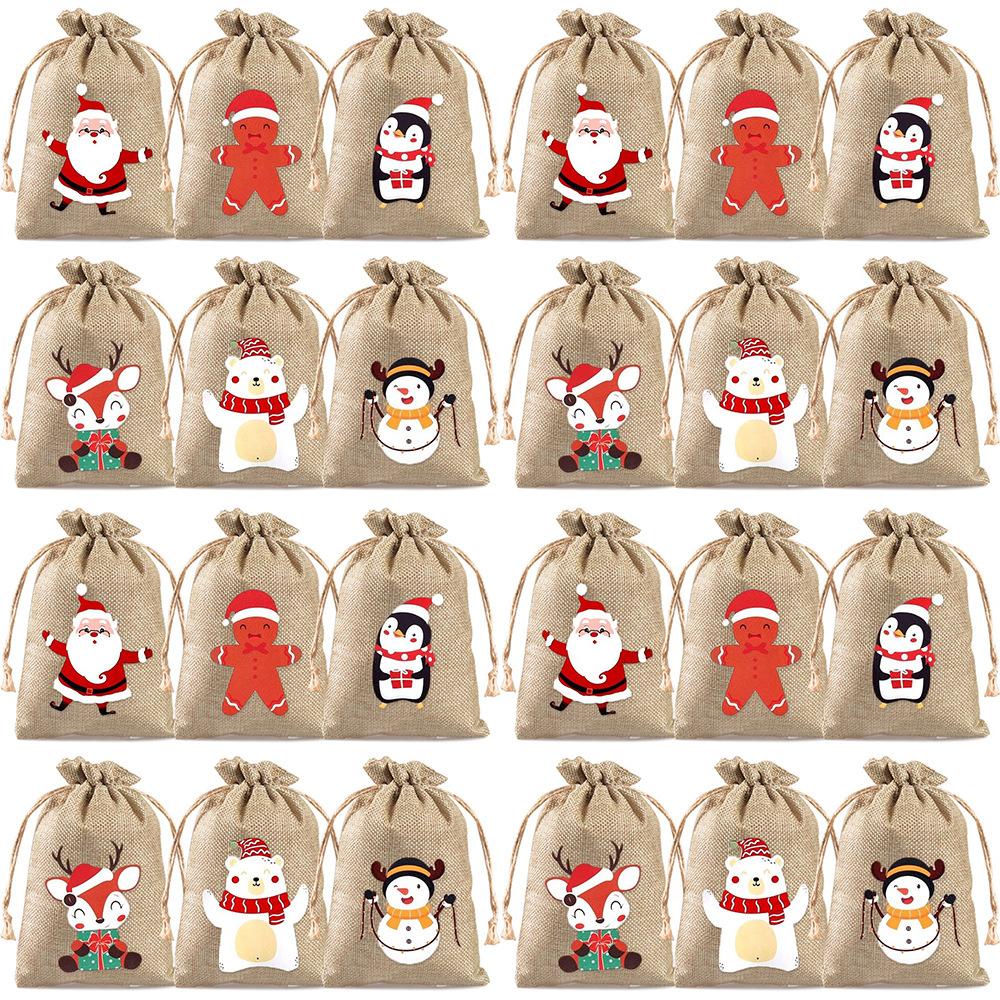 

24 шт. Рождественские льняные мешочки Рождественские конфеты подарки Маленькие тканевые мешочки Рождественские льняные упаковочные мешочки на шнурке Мешочки на шнурке 24pcs