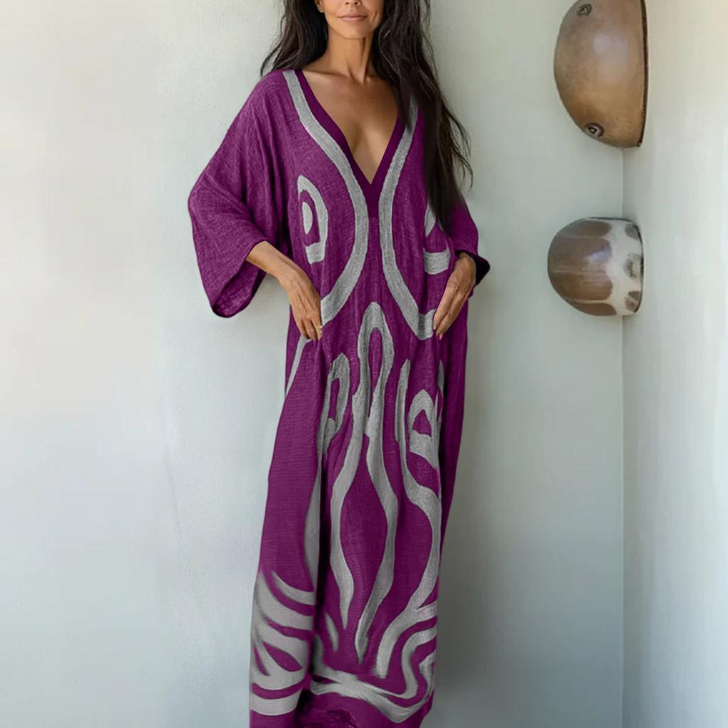 Women V Neck Bohemian Print Kaftan Dress Loose Fit Maxi Robe for Beach Holiday Home Relaxation Casual Wear