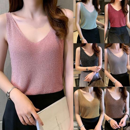 Dams sexiga enfärgade glänsande linne stickad V-ringning sommar smal passform väst